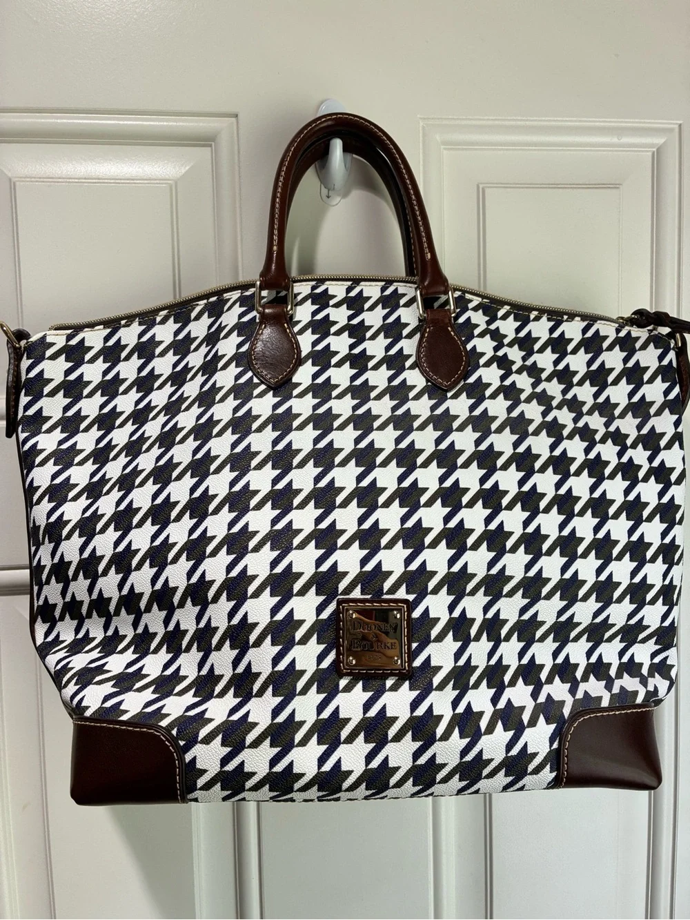 Dooney & Bourke Black and White Houndstooth Duffel with Brown Trim
